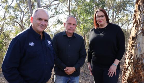 An image of Joe Buffone PSM (Deputy Coordinator-General, NEMA), Tyronne Bell (Ngunawal Descendant) and Alex Frawley (Chair, Diversity and Inclusion Network, NEMA)