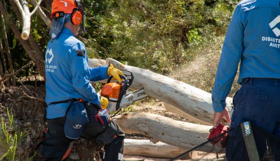 An imagine of two emergency services working removing a fallen tree with a chainsaw