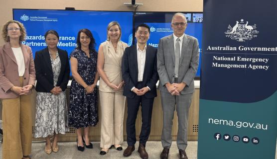 4 women and 2 men dressed professionally, standing in a line next to a pull-up banner that has the Australian Government crest and National Emergency Management Agency.