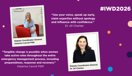 Photo of Katarina with quote "Tangible change is possible when women take active roles throughout the entire emergency management process, including preparedness, response and recovery" and Jill with quote "Use your voice, speak up early, claim expertise without apology and influence with confidence"