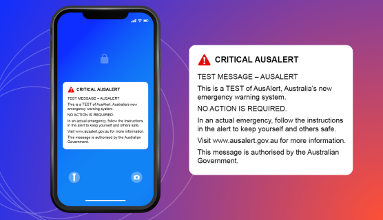 Image with blue-purple-red gradient background and a smartphone with the Critical AusAlert test on the screen.