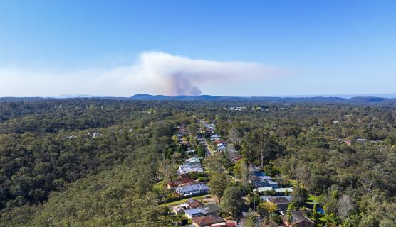 Aerial photo of dense bush with some houses in the middle and in the far distance on the horizon, bushfire smoke is rising into a blue sky.