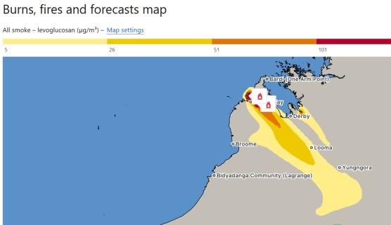 User interface with a zoomed in map of West Australian coast around Broome. It's titled 'Burns, fires and forecasts map'. Shows smoke levels from very high in dark red on the peninsula, spreading down to the southeast in bands of orange then yellow (lower smoke levels).