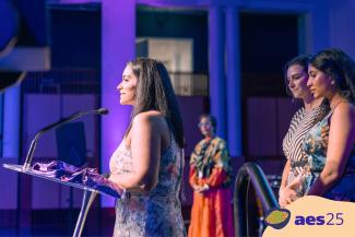 Kanupriya Hehir, Cara Beh and Anjali Vishwanathan giving their acceptance speech (Photo credit: Albie Colvin)