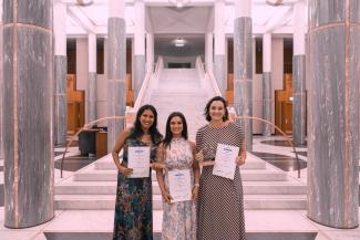Kanupriya Hehir, Cara Beh and Anjali Vishwanathan giving their acceptance speech (Photo credit: Albie Colvin)