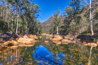 Picturesque river crossing with crystal clear water, blue sky, gumtrees either side and a smattering of large pale rocks.
