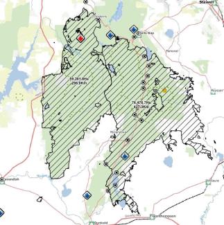 A map showing the bushfire affected area with Halls Gap just beyond the perimeter to the north. Stawell is to the far northeast, Moyston to the east, Willaura to the southeast, Glenthompson to the south-southeast, Dunkeld to the south, Cavendish to the southwest. Most of the area that these towns surround was burnt.