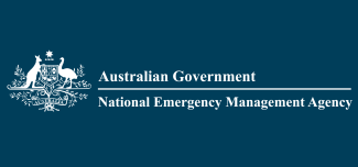 White logo on navy blue background: Australian Government crest with a kangaroo and emu, to the right of the crest is 'Australian Government' and below that a horizontal line, then 'National Emergency Management Agency'.