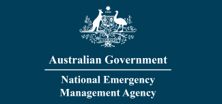 White stacked logo on navy blue background: Australian Government crest with a kangaroo and emu, below is 'Australian Government', a horizontal line, then 'National Emergency Management Agency'.