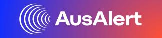 AusAlert logo: white logo text on a gradient background of royal blue at the left, through purple and magenta to bright red/orange at the right.