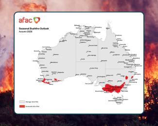 Map of Australia showing areas with an increased risk of fire in red. Includes the corner of South Australia around Mount Gambier, most of Victoria except for the very northwest around Mildura and east from Bairnsdale. New South Wales includes north of Canberra down on the western side of ACT (the Brindabellas) to the Victorian border. Also an area to the east of Dubbo and another on the coast just north of Newcastle. In Western Australia, patches around Albany, Esperance and Margaret River are red.