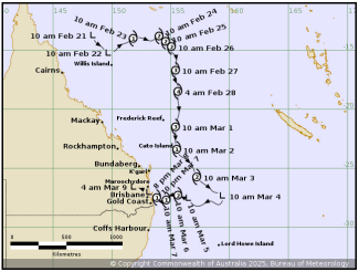 Map of Queensland coast and Coral Sea showing the track of TC Alfred from north to south then west directly towards Brisbane and the Gold Coast.