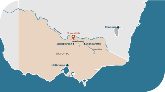 Map showing Numurkah north of Melbourne near the VIC-NSW border.