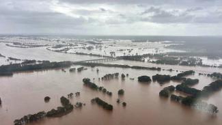 Aerial photo of the flooded area, with a bridge visible in the middle, and just the tops of trees poking above the very brown floodwaters.