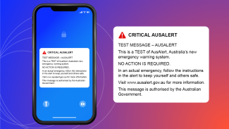 Image with blue-purple-red gradient background and a smartphone with the Critical AusAlert test on the screen.