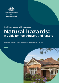 Image of the cover page with the NEMA logo at top-left, photo of a Victorian style home and front garden bottom right, and text that says, Resilience begins with awareness. Natural hazards: A guide for home-buyers and renters. Reduce the impact of natural hazards before you buy or rent.