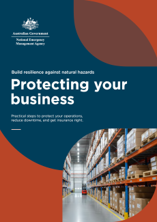 Image of the cover page with the NEMA logo at top-left, photo of a warehouse aisle with stacked cardboard boxes bottom right, and text that says, Build resilience against natural hazards. Protecting your business. Practical steps to protect your operations, reduce downtime, and get insurance right.