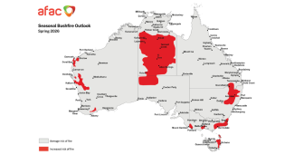 Map of Australia with red areas highlighted showing increased fire risk across most of NT, NW corner of SA, around Armidale and Goondiwindi in the east, around Bega and Bairnsdale in the southeast, the east coast of Tasmania, west of Melbourne and near Portland and Mt Gambier, and patches on the west coast.