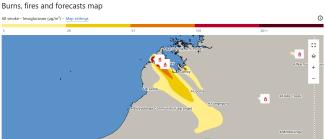 User interface with a zoomed in map of West Australian coast around Broome. It's titled 'Burns, fires and forecasts map'. Shows smoke levels from very high in dark red on the peninsula, spreading down to the southeast in bands of orange then yellow (lower smoke levels).