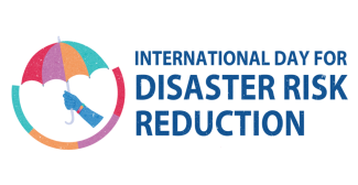 Image of a blue arm holding a colourful umbrella with the text International Day for Disaster Risk Reduction
